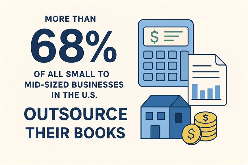 Infographic showing that over 68% of small to mid-sized U.S. businesses outsource their books, supporting a blog on what is included in bookkeeping services.