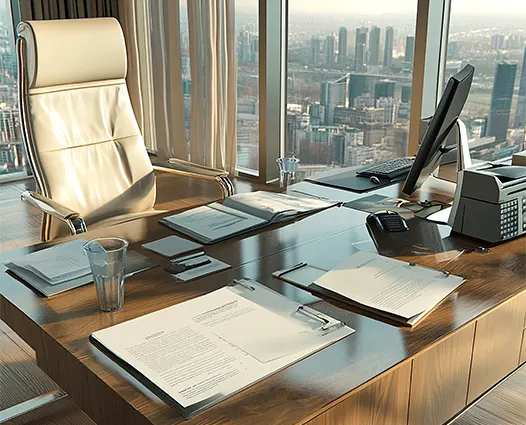Professional office space illustrating an outsourced accounting firm in North Carolina with city skyline view.