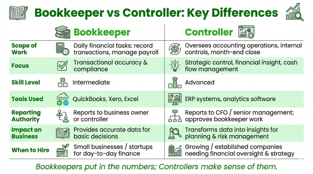 Comparison infographic showing the differences between a financial controller and a bookkeeper, including roles, responsibilities, tools, and when to hire each.