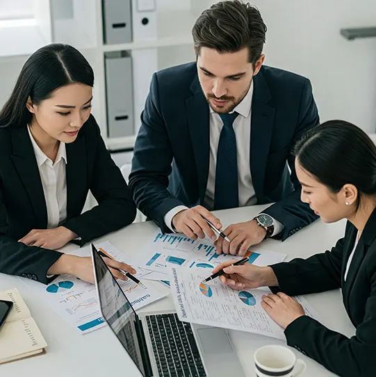 A diverse team of financial experts providing Bookkeeping for Franchises by reviewing performance metrics and quarterly financial statements.