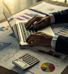 An expert accountant monitoring financial KPIs and market data on multiple screens, representing high-end Finance and Accounting Outsourcing Companies in Virginia.