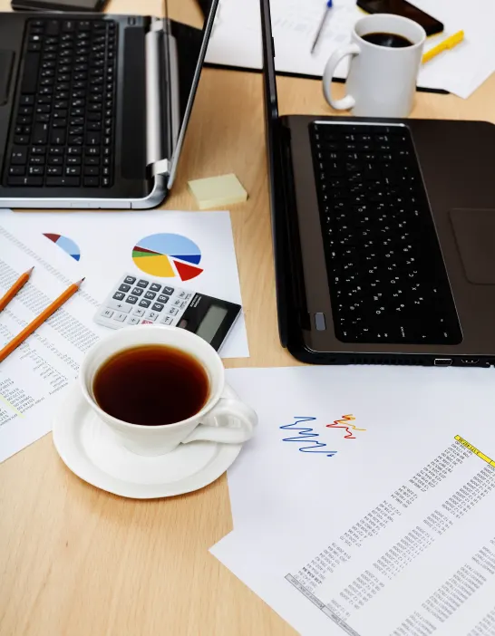 Person analyzing business tax data, using a calculator and reviewing savings reports, showcasing online tax services for startups.
