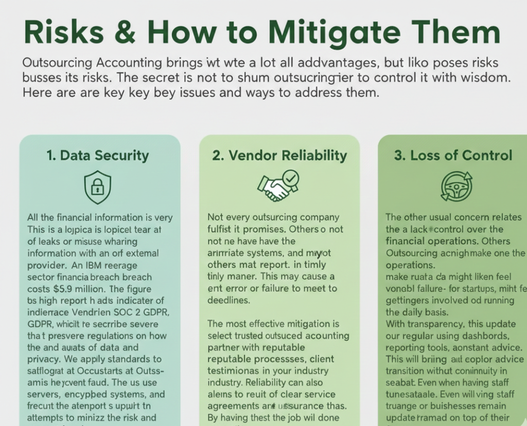 Risks & How to Mitigate Them" explaining why companies outsource accounting services. It highlights three key areas: Data Security, Vendor Reliability, and Loss of Control, providing solutions for each to ensure safe financial management.