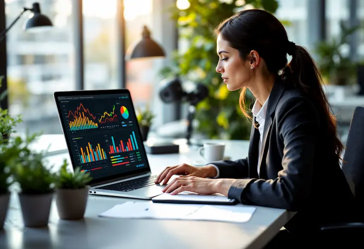 A professional accountant analyzing financial dashboards and bar graphs on a laptop, demonstrating the efficiency and benefits of outsourcing bookkeeping for business growth.