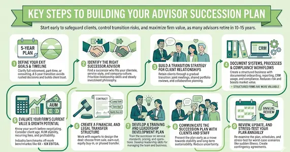 A visual guide on building a succession planning strategy for financial advisors, featuring steps for transition workflows, legal structures, and annual plan reviews.
