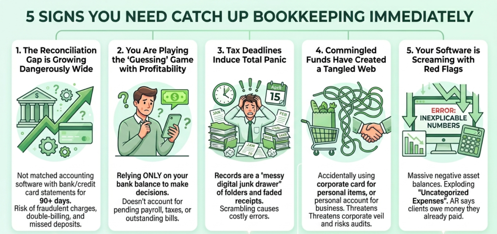 5 Signs You Need Catchup Bookkeeping Immediately," detailing common accounting issues like reconciliation gaps, tax deadline panic, and commingled personal and business funds.