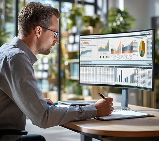 Accountant reviewing registers and financial reports on a computer for financial controller services for a small business.