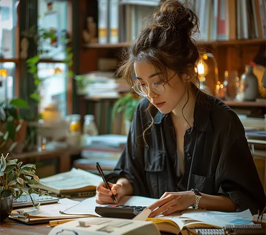 A remote accountant reviewing payroll records with a calculator for low-cost payroll services for small businesses.