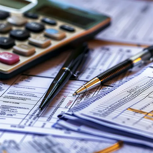 A close-up of a calculator and financial records used in specialized accounts receivable services for small business cash flow management.