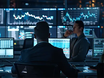 Financial experts monitoring real-time data on large screens, showcasing high-end accounts receivable services for small businesses.
