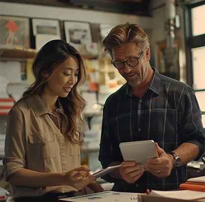 Two professionals reviewing financial data on a tablet, illustrating outsourced CPA services for startup accounting and financial planning.