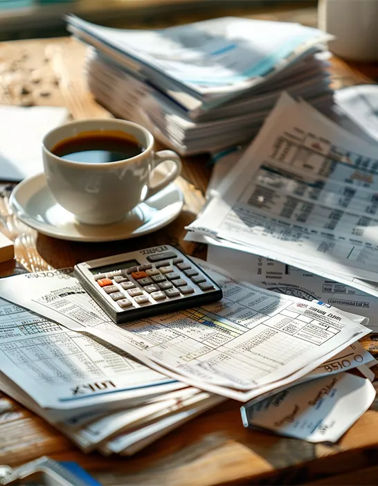 Calculator, invoices, and coffee on a workspace showing startup expense tracking handled by the best CPA for startups.