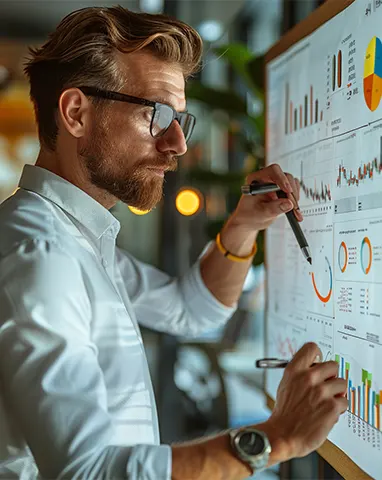 Certified public accountant analyzing financial charts on a board, providing expert CPA services for startups and business growth.