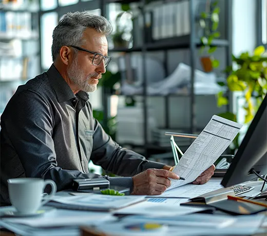 Senior financial expert reviewing invoices as part of comprehensive accounts payable services for small business clients.