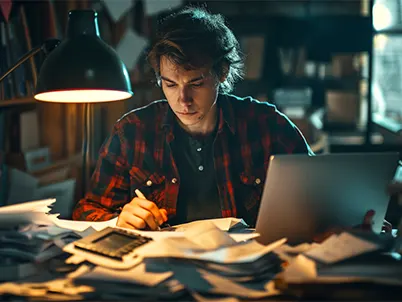 Small business owner working late on finances, highlighting the need to outsource accounts payable services for small businesses to save time.