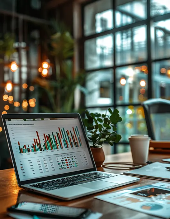 Laptop displaying financial charts and bookkeeping dashboards used in online bookkeeping services for startups.