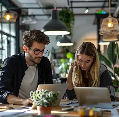 Two startup founders working together on financial planning and outsourced bookkeeping for startups at a shared workspace.