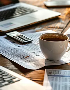 Coffee cup beside accounting documents and calculator representing daily bookkeeping tasks for startup businesses.