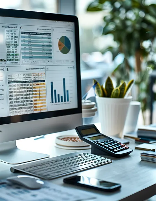 Close-up of a workstation showing a financial dashboard, calculator, and reports used in outsourced controller services.