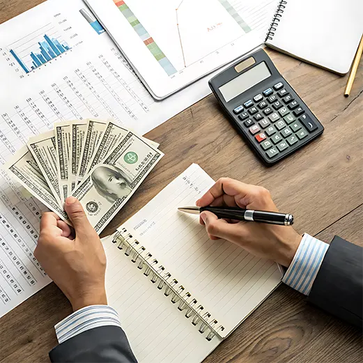 Accountant handling calculations and noting payroll details while holding dollar bills for outsourced payroll services in New York.