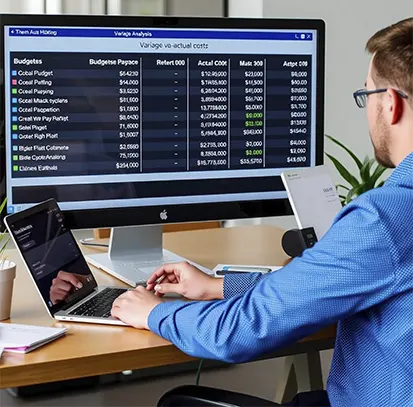 A financial analyst performing variance analysis and budget tracking on a large monitor as part of comprehensive accounts receivable services for startups.