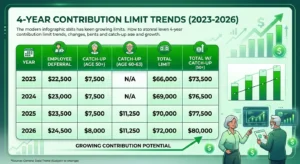 401(k) contribution limit trends infographic comparing employee deferral, catch-up contributions, and total contribution limits from 2023 to 2026.