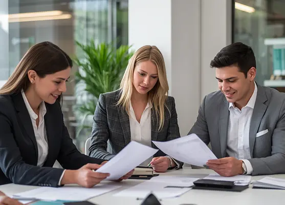 Business Professionals Reviewing Financial Documents in Office