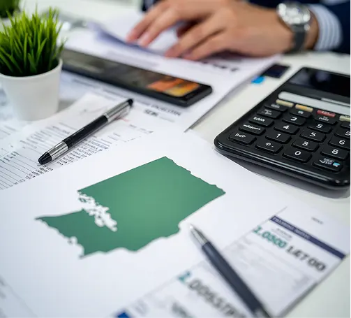 Financial documents, calculator, and Washington state map on an office desk for outsourced accounting services.