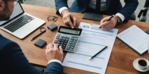 Accountants reviewing financial documents and using a calculator for small business bookkeeping and accounting.