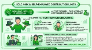 Solo 401(k) contribution limits infographic showing employee elective deferral and employer profit-sharing contributions for self-employed individuals.