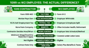 1099 contractor vs W2 employee comparison chart showing tax, benefits, and work differences.