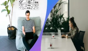 Split-screen comparison of a remote freelancer working from home and an office employee using a laptop.