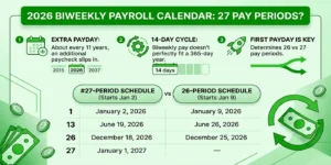 2026 biweekly payroll calendar showing 26 vs. 27 pay periods
