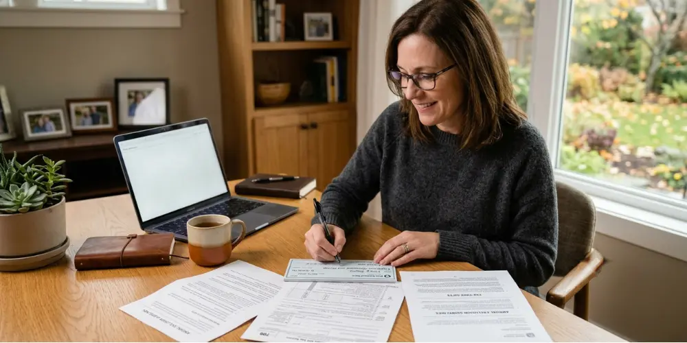 Woman reviewing and completing tax documents at a home office desk