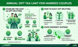 Annual gift tax limit for married couples showing gift splitting, Form 709 filing, and state property rules.
