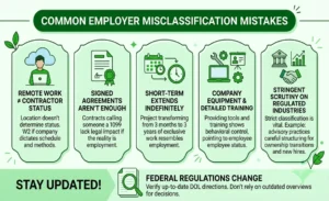 Common employer misclassification mistakes infographic covering 1099 contractor vs W-2 employee classification, remote work, contracts, project duration, company equipment, regulated industries, and federal compliance.