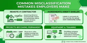 Common misclassification mistakes employers make when classifying workers, including remote work, contracts, permanent projects, equipment, and training.
