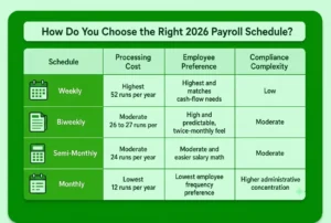 2026 payroll schedule comparison showing weekly, biweekly, semi-monthly, and monthly payroll options with processing costs, employee preferences, and compliance complexity