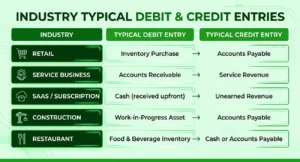 An accounting chart titled "Industry Typical Debit & Credit Entries" showing common journal entries across five sectors: Retail, Service Business, SaaS/Subscription, Construction, and Restaurant.