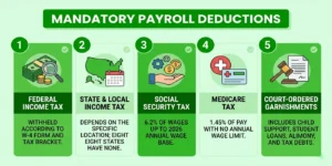 Infographic showing five mandatory payroll deductions: federal income tax, state and local income tax, Social Security tax, Medicare tax, and court-ordered garnishments.