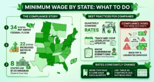 Minimum wage by state infographic showing 2026 wage increases, compliance requirements, and employer best practices.