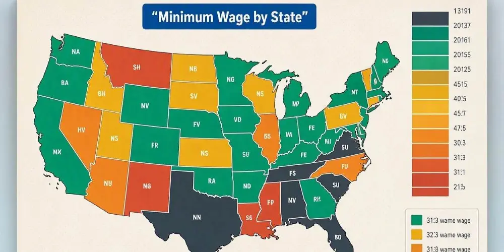 Minimum wage by state map showing wage levels across the United States