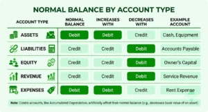 An accounting chart titled "Normal Balance by Account Type" outlining debits and credits for Assets, Liabilities, Equity, Revenue, and Expenses, including example accounts for each category.