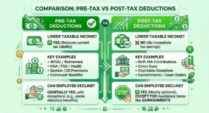 Pre-tax vs post-tax deductions comparison showing tax benefits, examples, and employee options.