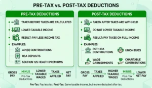 Pre-tax vs. post-tax deductions showing how each affects taxable income and net pay.