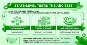 ABC test infographic showing the three criteria used by states to classify independent contractors.