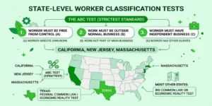 State-level worker classification tests showing the ABC test requirements for California, New Jersey, Massachusetts, and Texas.