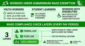Infographic showing subminimum wage exemptions and three wage compliance check layers.