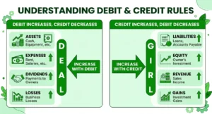 Debit and credit rules infographic showing how debits and credits affect accounts