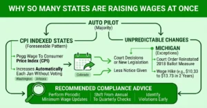 Infographic explaining why many states are raising minimum wages at the same time, including CPI-indexed wage increases, unpredictable changes, and compliance advice.